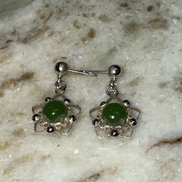 GENUINE Jade & Sterling Dangle Earrings Vintage - Picture 4 of 10